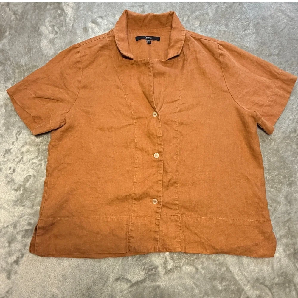Quince 100% European Linen Short Sleeve Button Front Shirt Terracotta Orange XS - Picture 2 of 8